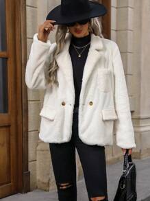 SHEIN LUNE Women's Plush Suit Jacket - Beige - View 1