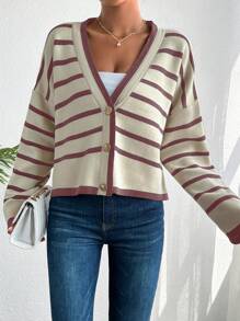 SHEIN Cottnline Women’s Striped Cardigan Sweater - Dusty Pink - View 3
