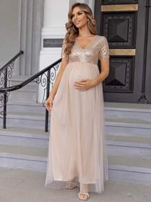 Joyfunear Maternity Sequin Contrast Mesh Elegant Dress, For Party - Gold - View 1