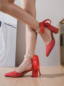 紅色的珍珠釘珠高跟涼鞋帶鏤空設計,蝴蝶結裝飾和踝帶,多用途風格 - 紅色 - 查看 2