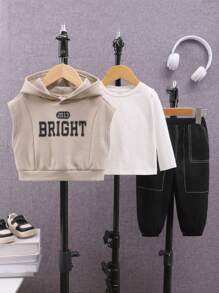 SHEIN 3 stuks Unisex Baby Effen Kleur Ronde Hals Lange Mouw Hoodie Sweatshirt En Gestreepte Enkelband Broek Set, Thermische Gevoerde Winter