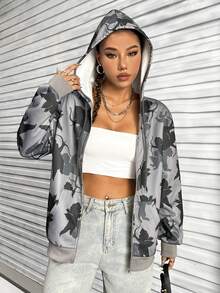 SHEIN Unity Women's Zip Up Hoodie With Little Angel Print - Grey - View 6