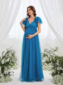 Maternity Plunging Neck Ruffle Sleeve Slit Mesh Party Elegant Dress - Teal Blue - View 2