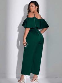 Celure Plus Size Solid Color Ruffle Hem Jumpsuit With Cinching Waist - Dark Green - View 2