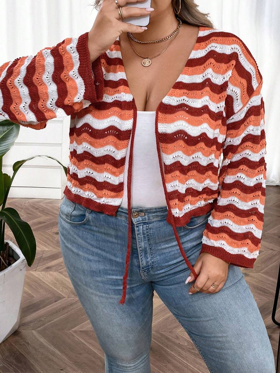 SHEIN CURVE+ Plus Chevron Pattern Drop Shoulder Cardigan - Orange - View 1