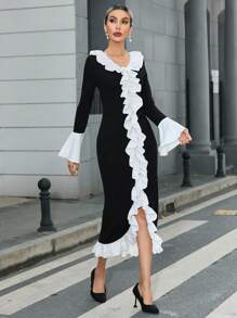 SHEIN Privé Vestido De Llamarada Y Contraste De Colores Con Borde De Hoja De Loto - Negro - Ver 5