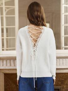 SHEIN Frenchy Solid Color Drop Shoulder Sweater Winter White Casual - White - View 2