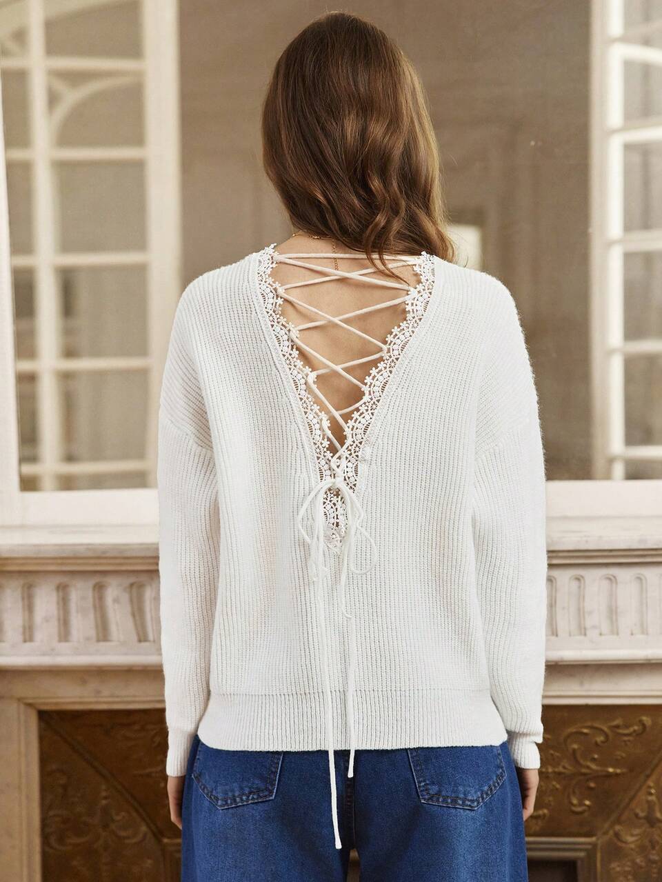 Solid Color Drop Shoulder Sweater Winter White Casual