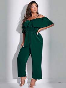 Celure Plus Size Solid Color Ruffle Hem Jumpsuit With Cinching Waist - Dark Green - View 3