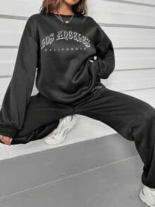 SHEIN EZwear Đồ họa Chữ cái Thả vai Áo len & Quần nỉ - màu đen - Xem 5