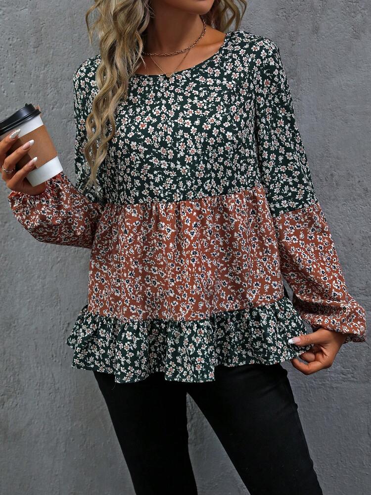 Women's Lantern Sleeve Shirt With Ditsy Floral Print And Color Contrast Fall Cloth For Women
