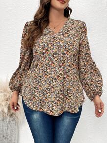 SHEIN LUNE 大碼花卉印花燈籠袖v領襯衫 - 彩色 - 查看 2