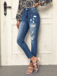 SHEIN LUNE 仿舊抽鬚傾斜口袋錐形牛仔褲 - 藍色 - 查看 6