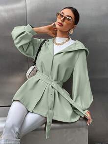 SHEIN Essnce Tay áo lồng đèn Thắt lưng áo có mũ Áo khoác - màu xanh lá - Xem 4