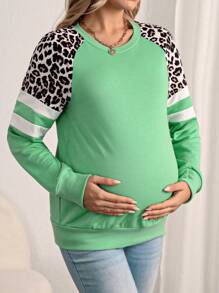 SHEIN Maternity Leopard Pattern Raglan Sleeve Striped Pullover Sweatshirt, For Winter
