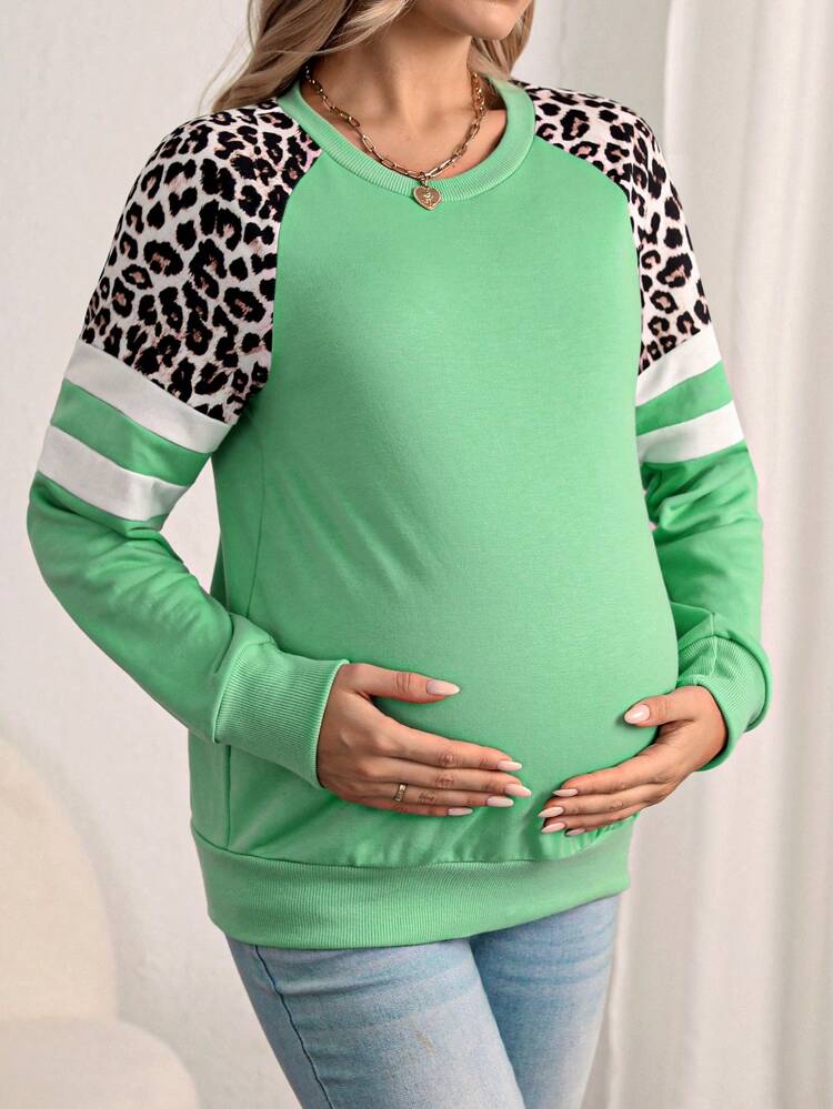 Maternity Leopard Pattern Raglan Sleeve Striped Pullover Sweatshirt, For Winter