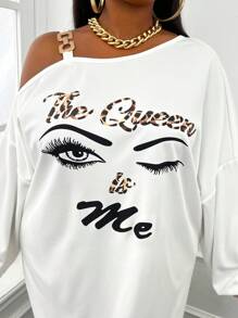 Slaydiva 大碼人物和字母圖案不對稱領落肩袖衛衣洋裝