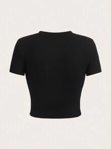 SHEIN EZwear Áo thun ngắn tay dáng ngắn in chữ thông thường dành cho nữ, mùa hè - màu đen - Xem 2
