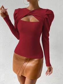 SHEIN Essnce Của phụ nữ Chân của tay áo cừu Rỗng Áo len - Màu Đỏ Sâu - Xem 3