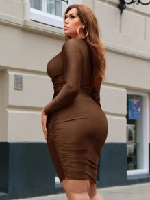 SHEIN SXY Plus Size Solid Color Hollow Out Bodycon Dress - Brown - View 3