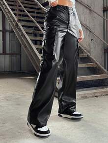 SHEIN Coolane Pu側口袋設計寬鬆時尚褲子 - 黑色 - 查看 3