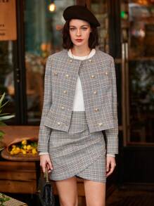 SHEIN Frenchy Plaid Button-up Jacket And Skirt Set - Multicolor - View 9