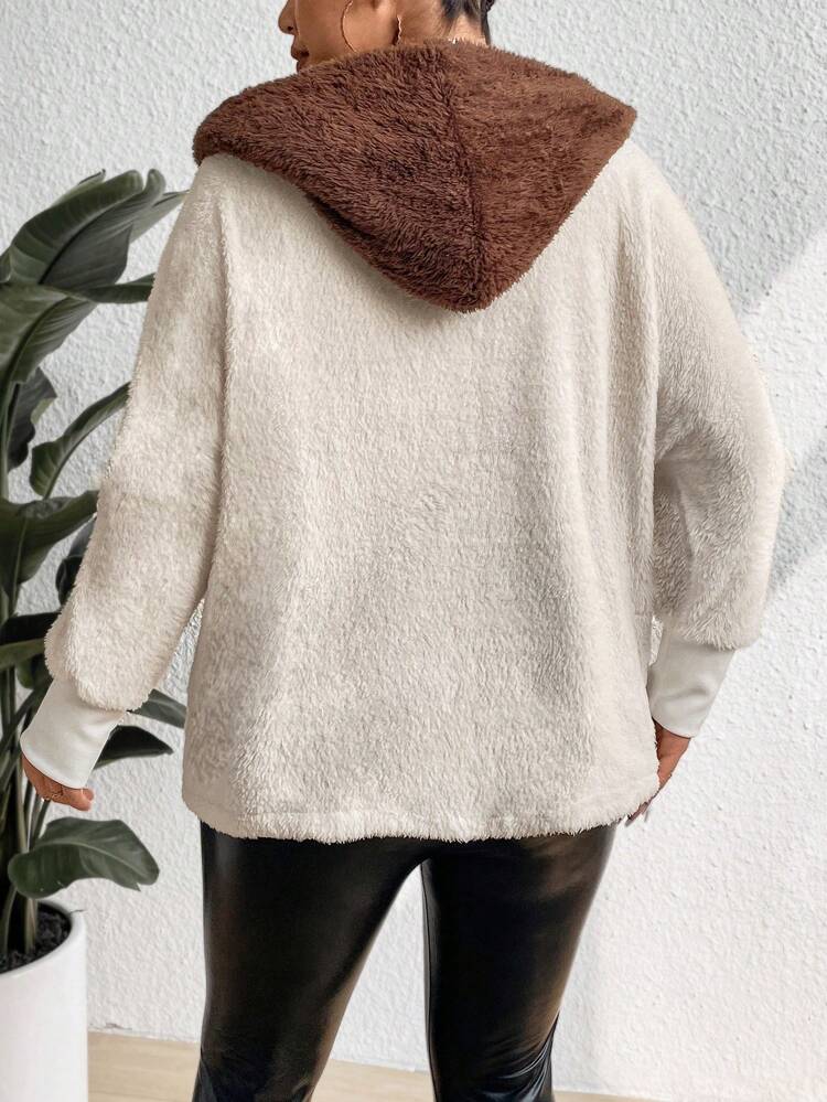 Plus Size Casual Contrast Color Patchwork Fluffy Hooded Coat, Thermal For Autumn/Winter