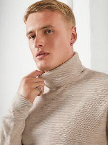 RueChic Men Turtleneck Solid Sweater - Khaki - View 2