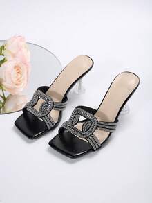 Giày cao gót mũi vuông màu đen cho nữ, giày cao gót thanh lịch kiểu Pháp thời trang mới mùa hè đính đá trang trí - màu đen - Xem 7