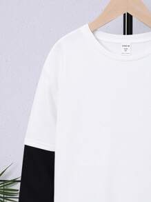SHEIN Tween Boy Round Neck 2 In 1 Casual Summer Versatile Patch Knit T-Shirt - Black and White - View 5