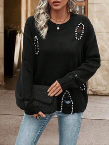 SHEIN Essnce Pearls Beaded Drop Shoulder Ripped Sweater - Black - View 6