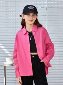 SHEIN Áo sơ mi thường ngày dáng rộng dành cho nữ Tween có họa tiết và màu trơn, dệt - Màu Hồng Tươi - Xem 2