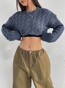 Flirla Short Textured Cable Knit & Drop Shoulder Sweater
