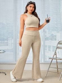 SHEIN EZwear Apricot Color Knitted Women's Plus Size Slim Fit Suit