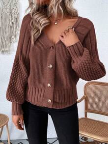 SHEIN Frenchy 燈籠袖系扣毛衣開襟衫 - 紅木色 - 查看 4