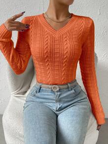 SHEIN Unity V-Neck Pullover Textured Sweater - Orange - View 1