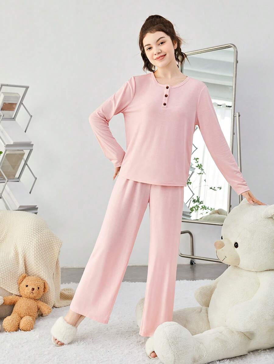 SHEIN Teen Girl Half Button Tee & Wide Leg Pants PJ Set - Pink - View 1