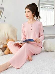 SHEIN Teen Girl Half Button Tee & Wide Leg Pants PJ Set - Pink - View 3