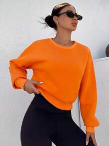 EURMUSE Solid Drop Shoulder Sweatshirt - Orange - View 3