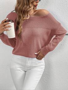 SHEIN Essnce 女款休閒不對稱領口落肩毛衣 - 鏽棕色 - 查看 4