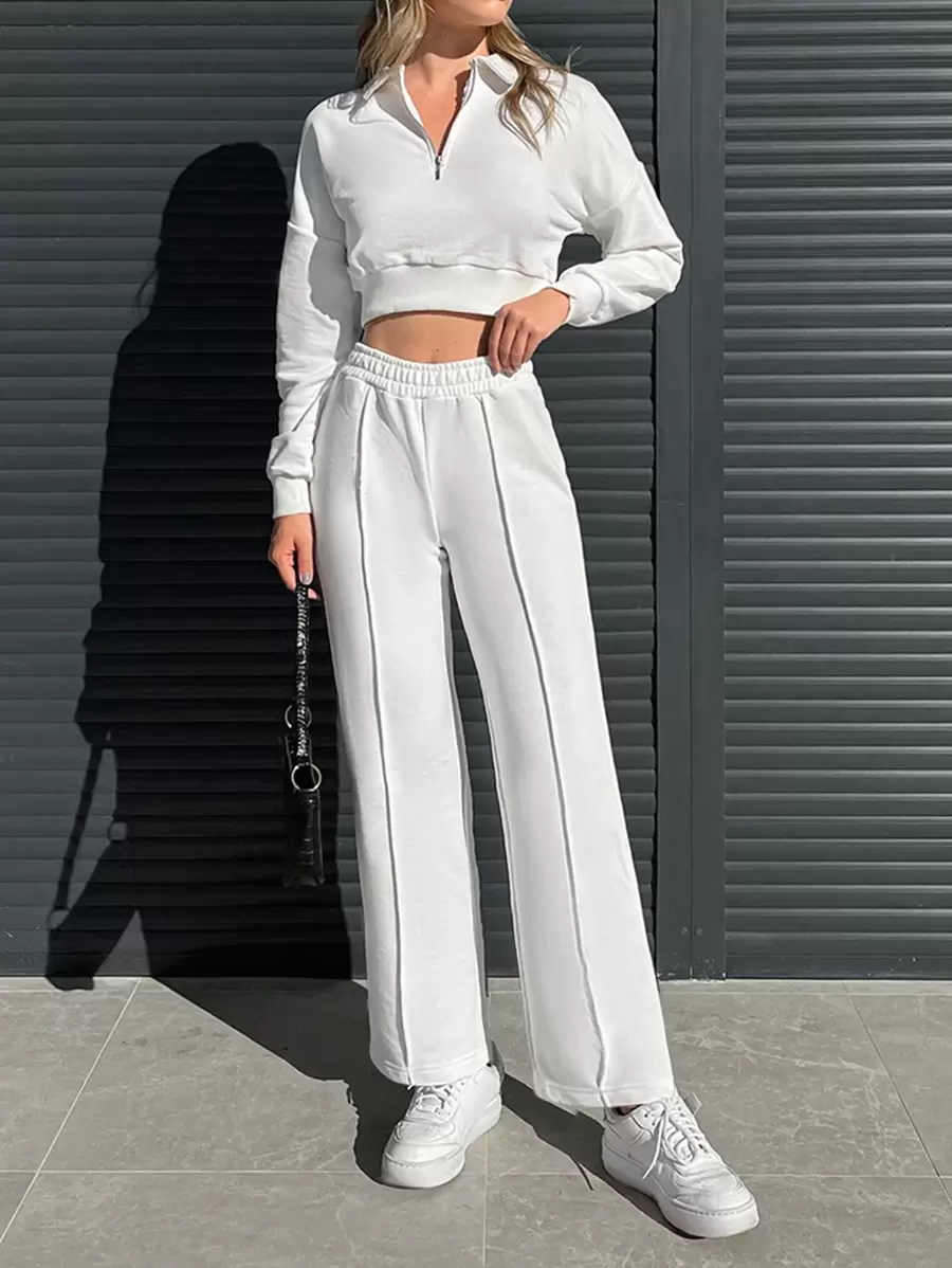 EURMUSE Half Zip Drop Shoulder Crop Sweatshirt & Sweatpants