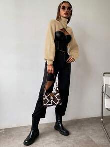 VaVaBold 女式高領短版毛衣套頭衫 - 杏色 - 查看 7