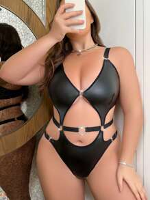 Women's Plus Size Diamond-studded Heart Shaped Ring Sexy Bodysuit - Black - View 1