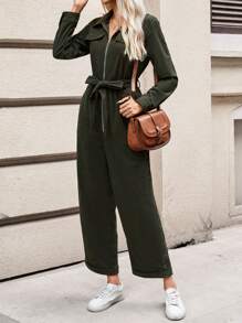 SHEIN Frenchy 拉鏈開襟腰帶闊腿連體褲 - 綠色 - 查看 6