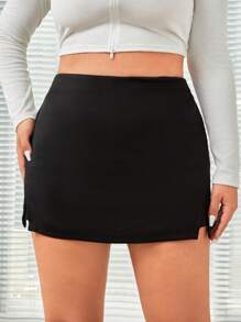 SHEIN EZwear 大码女式针织纯色不对称高腰短裙 - 黑色 - 查看 3