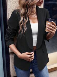 SHEIN LUNE 女裝斗篷領翻領翻蓋細節開襟西裝外套 - 黑色 - 查看 4