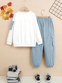 SHEIN Cậu bé Tween Chi tiết Patched thư Túi có nắp Áo len & quần - Màu xanh lam - Xem 2