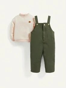 Cozy Pixies Baby Boy Mock Neck Tee & Overall Jumpsuit - Army Green - View 11
