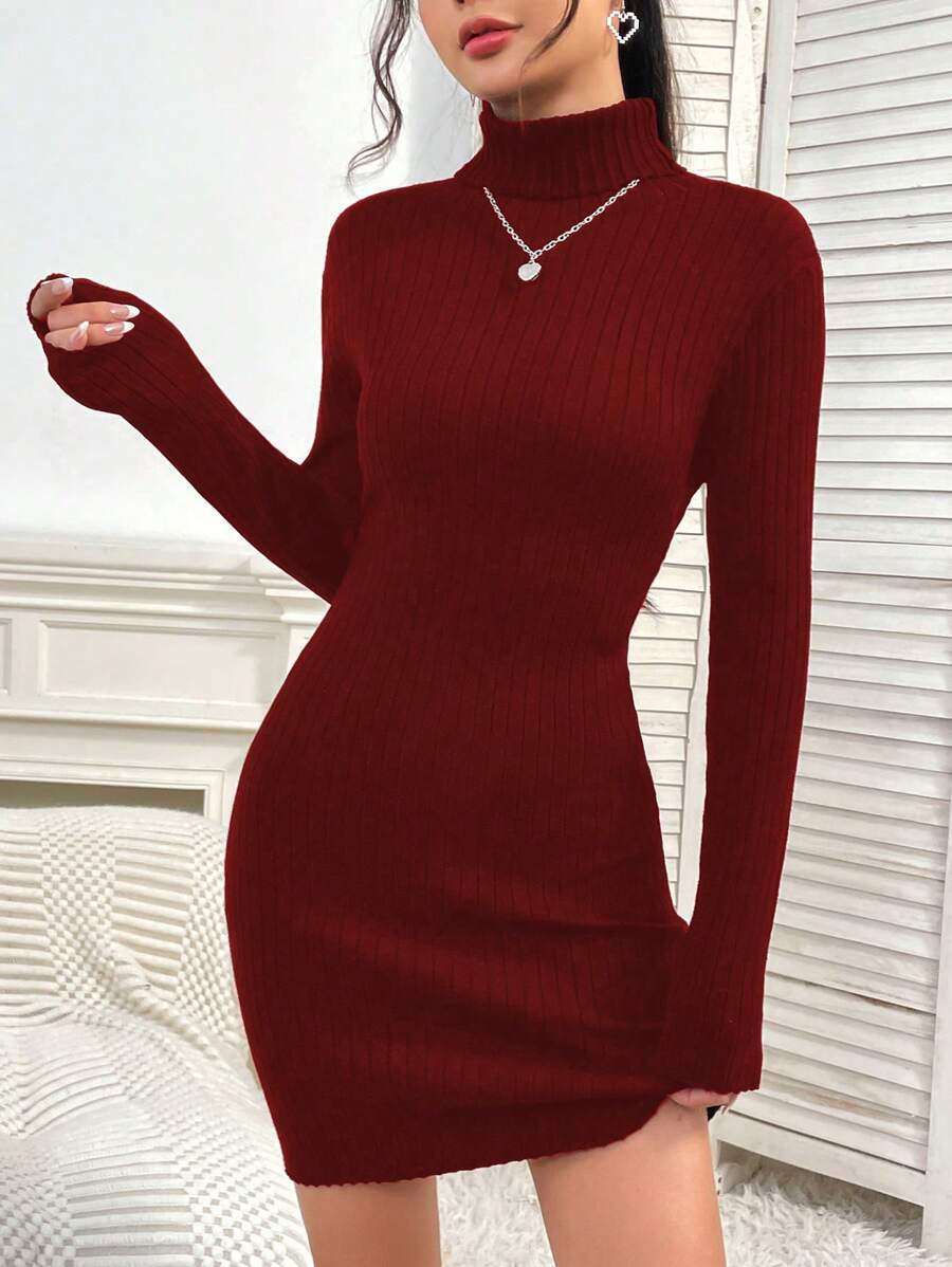 SHEIN Unity High Collar Bodycon Sweater Dress - Red - View 1
