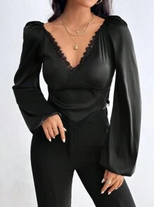 SHEIN Privé Quý cô Trang trí ren Tay áo lồng đèn Áo sơ mi - màu đen - Xem 1